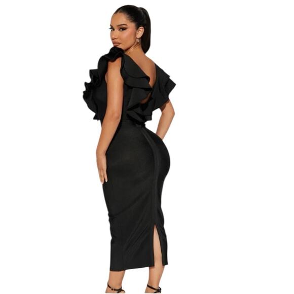 Fashion Nova Black Ruffle Pixie Bandage Midi Dress Pink crepe - Picture 6 of 10